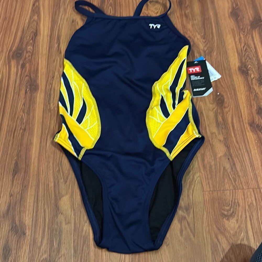 NWT TYR navy and yellow one piece swimsuit performance diamond fit size small (3